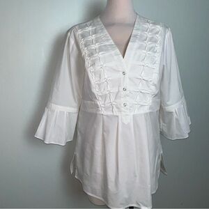 Dana Buchman White Pintuck Ruffle Sleeve Blouse V-Neck Tunic Top Women’s Size XL